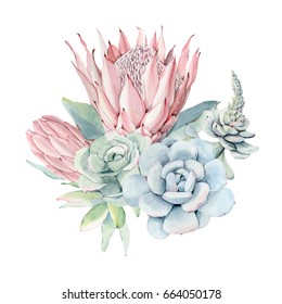 Watercolor vintage succulents bouquet. Spring or summer decoration floral bohemian design. Watercolor isolated. Perfect for invitation, wedding or greeting cards.
