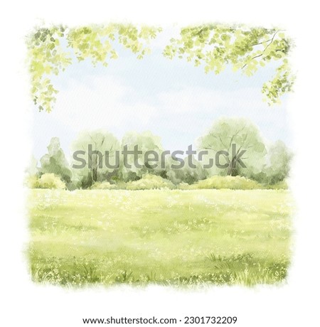 Watercolor vintage summer  composition with green landscape with trees and grass with vegetation isolated on white background. Hand drawn illustration sketch