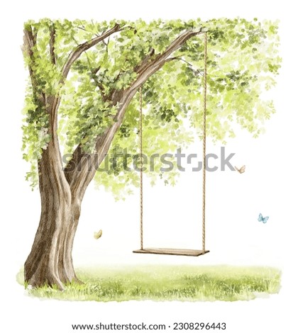 Watercolor vintage summer  composition with green landscape with tree, rope swing and grass with vegetation isolated on white background. Hand drawn illustration sketch