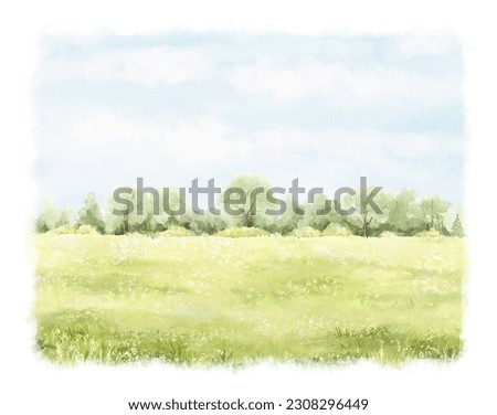Watercolor vintage summer  composition with green landscape with trees and grass with vegetation isolated on white background. Hand drawn illustration sketch