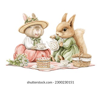 Watercolor vintage summer  composition with squirrel and rabbit animals in vintage dresses on picnic with food and tea party isolated on white background. Hand drawn illustration sketch - Powered by Shutterstock