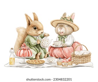 Watercolor vintage summer  composition with squirrel and rabbit animals in vintage dresses on picnic with food and tea party isolated on white background. Hand drawn illustration sketch - Powered by Shutterstock