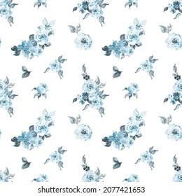 Watercolor Vintage Teal Floral Seamless Pattern For Fabric, Dusty Blue Flowers Background For Nursery, Kids Apparel, Home Decor