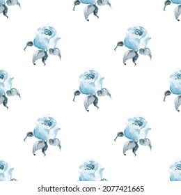 Watercolor Vintage Teal Floral Seamless Pattern For Fabric, Dusty Blue Flowers Background For Nursery, Kids Apparel, Home Decor