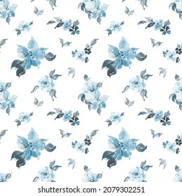 Watercolor Vintage Teal Floral Seamless Pattern For Fabric, Dusty Blue Flowers Background For Nursery, Kids Apparel, Home Decor