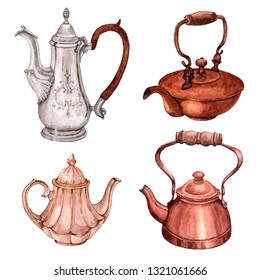 Watercolor vintage teapot set for tea party. Watercolor vintage collection