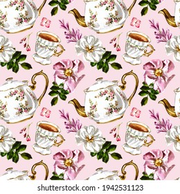 Watercolor vintage teapot  tea cup  flowers bouquet seamless texture  Hand drawn romantic pastel pink teaparty seamless pattern  Cute kitchen decor illustration  Spring picnic breakfast wallpaper 