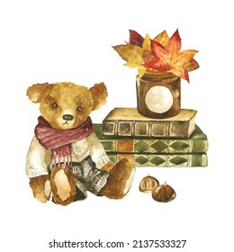 Watercolor Vintage Teddy Bear, Old Books Pile, Autumn Leaves Bouquet Illustration. Hand Painted Stuffed Animal Fall Season Composition. Plush Toy Objects Isolated On White Background For Children Book