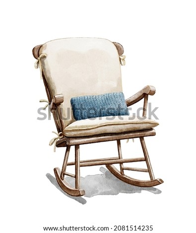 Watercolor vintage wood cozy rocking chair with soft cape and knitted blue pillow isolated on white background. Hand drawn illustration sketch