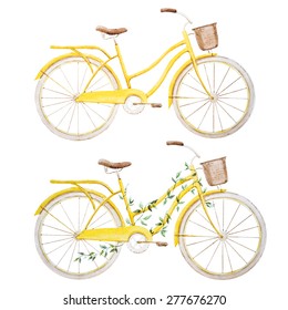 Watercolor Vintage Yellow Bicycle With Flowers