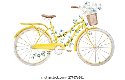 Watercolor Vintage Yellow Bicycle With Wildflowers