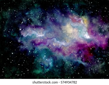 Watercolor Violet Nebula And Yellow Shine In Outer Space