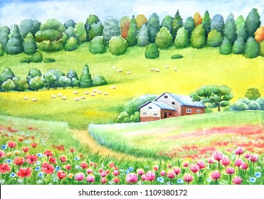 Watercolor vivid painting of countryside, rural landscape with wheat fields, wild flowers and small white house
