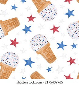 Watercolor waffle cone ice cream seamless pattern. Hand drawn dessert with red and blue confetti and stars isolated on white. Cute American Independence Day background. Happy 4th of July - Powered by Shutterstock