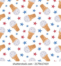 Watercolor waffle cone ice cream seamless pattern. Hand drawn dessert with red and blue confetti and stars isolated on white. Cute American Independence Day background. Happy 4th of July - Powered by Shutterstock