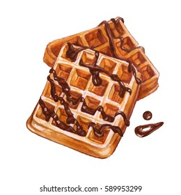 Watercolor Waffles With Chocolate On A White Background