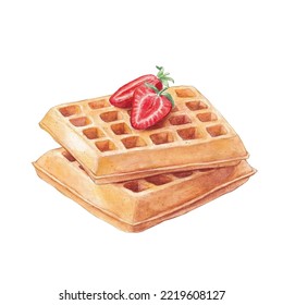 Watercolor Waffles And Strawberry On White