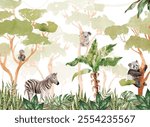 Watercolor wallpaper with tropical leaves jungle banana tree zebra coala panda Kids wallpaper