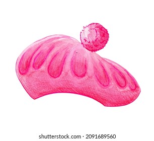 Watercolor warm pink beret. Hat with pompon. A piece of clothing to protect the head from cold weather. Fashionable accessory. Autumn mood. Hand drawn illustration isolated on white background.