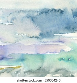 Watercolor wash turcuoise grey indigo  sea sky hand painted.