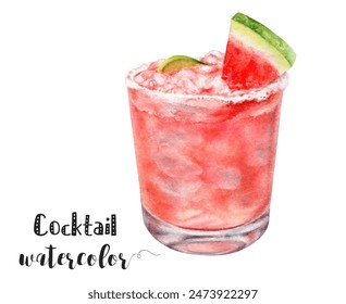 Watercolor watermelon cocktail with lime slice, great for summer drinks and celebrations - Powered by Shutterstock