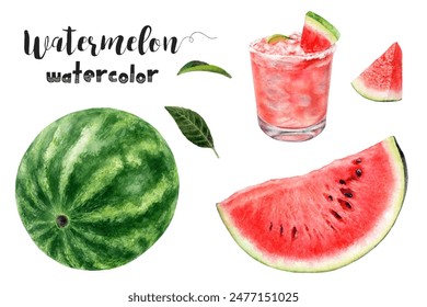 Watercolor Watermelon Illustration with Slice, Drink, Leaves. Summer vibes and refreshing - Powered by Shutterstock