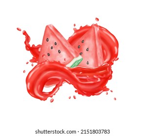 Watercolor watermelon isolated with water splashing juice drawing on white background illustration