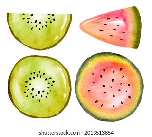 Watercolor Watermelon And Kiwi Clipart