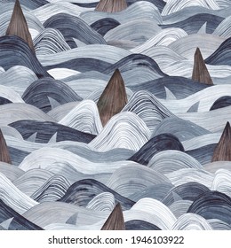 Watercolor wave pattern. Seamless background. Rocks in the sea, sharks. Abstract waves in indigo colors.