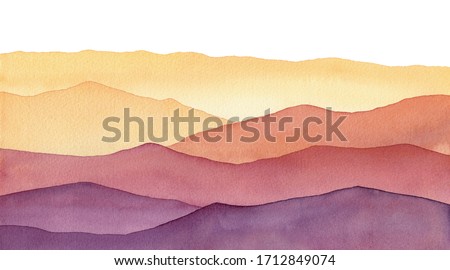 watercolor wavy mountain silhuette , hand painted background with hues of yellow gold and purple shapes