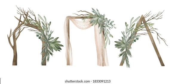 Watercolor wedding arch with green foliage. Wedding ceremony symbol, celebration, wooden arch with plant, mistletoe, pine, and eucalyptus. Hand-drawn marriage illustration