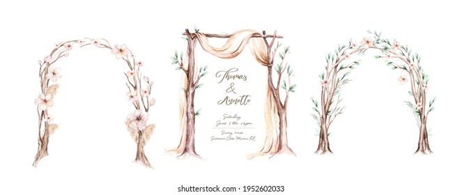 Watercolor wedding arch with tree branches. Vintage design template for invitation, card, poster. illustration, festive frame, decorative arch, window curtain, drapery, flower decorations.