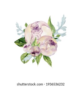 Watercolor wedding bouquets with peonies, mint leaf and green leaves on white background