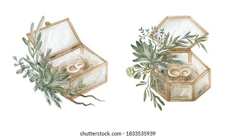 Watercolor Wedding Box With Rings And Green Foliage. Wedding Ceremony Symbol, Celebration, Glass Ring Case With Plant, Mistletoe, Pine, And Eucalyptus. Hand-drawn Marriage Illustration