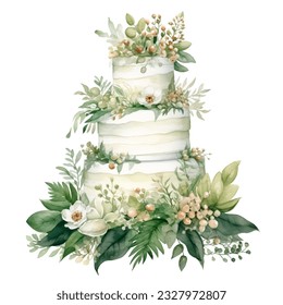 Watercolor wedding cake illustration on white background for celebration design. Birthday greeting design. Hand painted art - Powered by Shutterstock