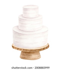 Watercolor Wedding Cake On Wood Stand Illustration. Hand Drawn 3 Tiered White Cream Cake. Rustic Dessert Isolated Clipart For Invitations, Menu, Restaurant, Shop And Bakery Logo