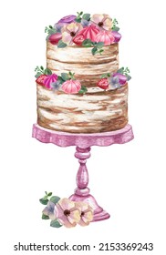 Watercolor Wedding Cake. Valentines Day Dessert Sweets. Wedding Cake Decorating By Flower And With Sweets