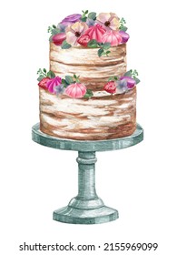 Watercolor Wedding Cake. Valentines Day Dessert Sweets. Wedding Cake Decorating By Flower And With Sweets