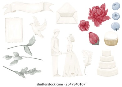 Watercolor Wedding Clipart Collection with Bride, Groom, Dove, Wedding Four-Tier Cake, Dove, Blueberries, Flowers and Plant Branches, for Print and Web Designs - Powered by Shutterstock