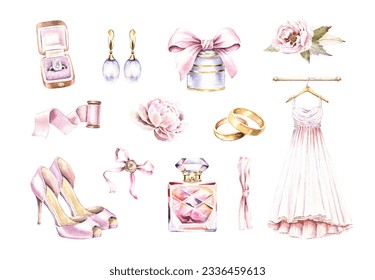 Watercolor wedding clipart set. Bride shoes, dress, gold rings, perfume, peony. Hand drawn illustrations isolated on white background. Romantic graphics for invitation, save the date, wedding card  - Powered by Shutterstock