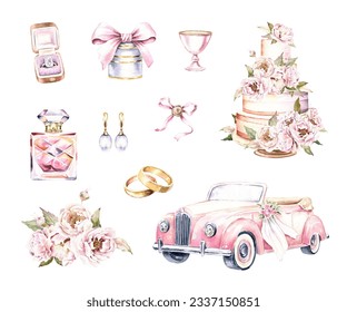 Watercolor wedding clipart set. Car, cake, rings. Hand drawn illustrations isolated on white background. Romantic graphics for invitation, save the date. Wedding card decoration - Powered by Shutterstock