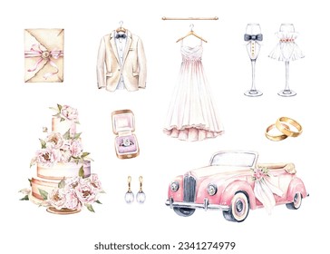 Watercolor wedding clipart set. Car, cake, dress, rings. Hand drawn illustrations isolated on white background. Romantic graphics for invitation, save the date. Wedding card decoration - Powered by Shutterstock