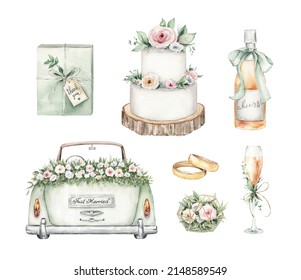 Watercolor wedding clipart set. Hand drawn illustrations isolated on white background. Romantic graphics for invitation, save the date. Wedding card decoration.