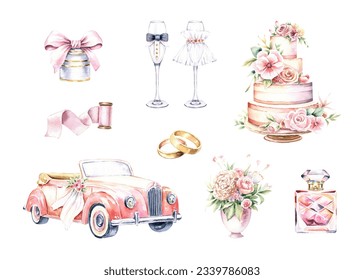 Watercolor wedding clipart set. Hand drawn illustrations isolated on white background. Romantic graphics for invitation, save the date. Wedding card decoration - Powered by Shutterstock