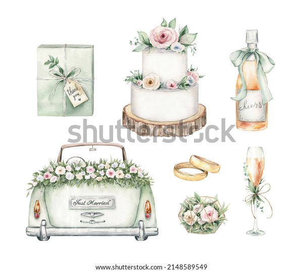 Watercolor wedding clipart set.\
Hand drawn illustrations isolated on white background. Romantic\
graphics for invitation, save the date. Wedding card\
decoration.
