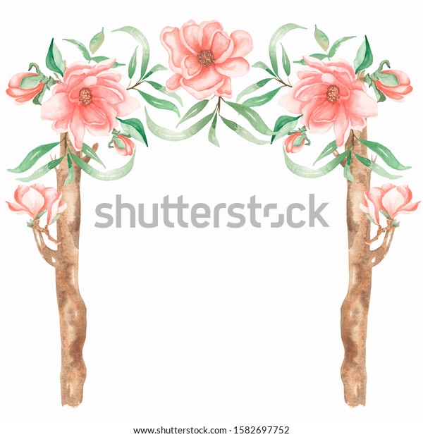 Watercolor Wedding Decoration Peony Magnolia Flowers Stock