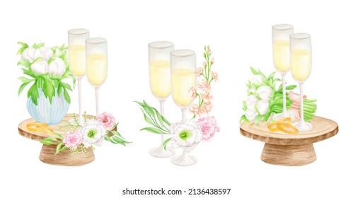 Watercolor wedding drinks set. Hand drawn champagne glasses, gold wedding rings and flowers isolated on white background. Signature cocktails illustration for invitations, menu, cards - Powered by Shutterstock