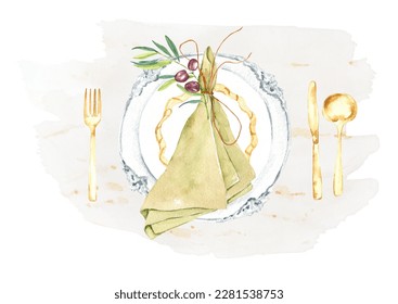 Watercolor wedding farmhouse table scape, table setting, food, decoration, rustic celebration - Powered by Shutterstock