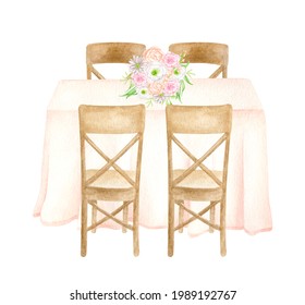 Watercolor wedding guest table with elegant flower bouquet isolated on white. Hand drawn draped table, wood chairs, floral decoration. Wedding reception sketch, gala dinner, luxury restaurant lunch