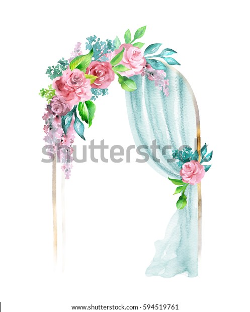 水彩のウエディングイラスト お祭り気分のイラスト 飾りアーチ 窓のカーテン ドレーパリー 花飾り 白い背景にクリップアート のイラスト素材